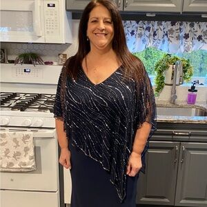 J Kara Navy Blue Gown with Silver Sequin Accents